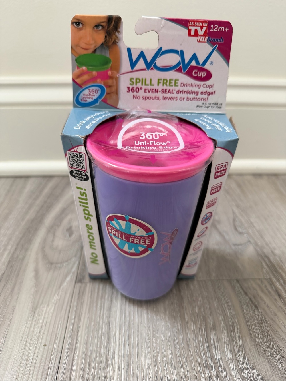 Wow Cup 360-degree spill-free drinking cup for kids, purple w/ pink lid, NEW 9oz